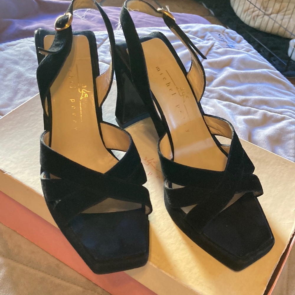 Michael Perry black suede platform with a geometric heel.  Size 36